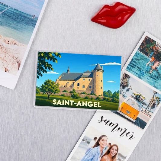 Magnet souvenir de la ville de Saint-Angel avec une illustration stylisée de son église fortifiée.
