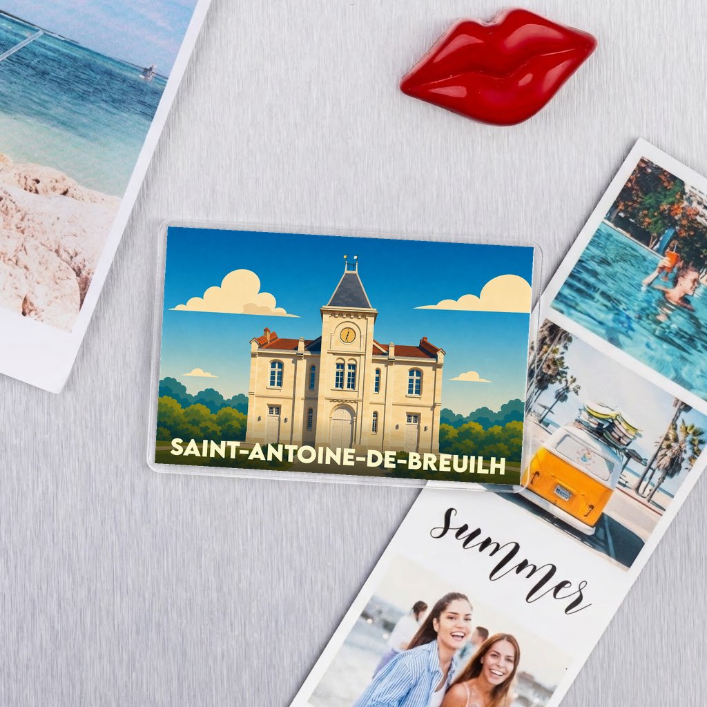 Magnet souvenir de la ville de Saint-Antoine-de-Breuilh avec une illustration stylisée de sa mairie.