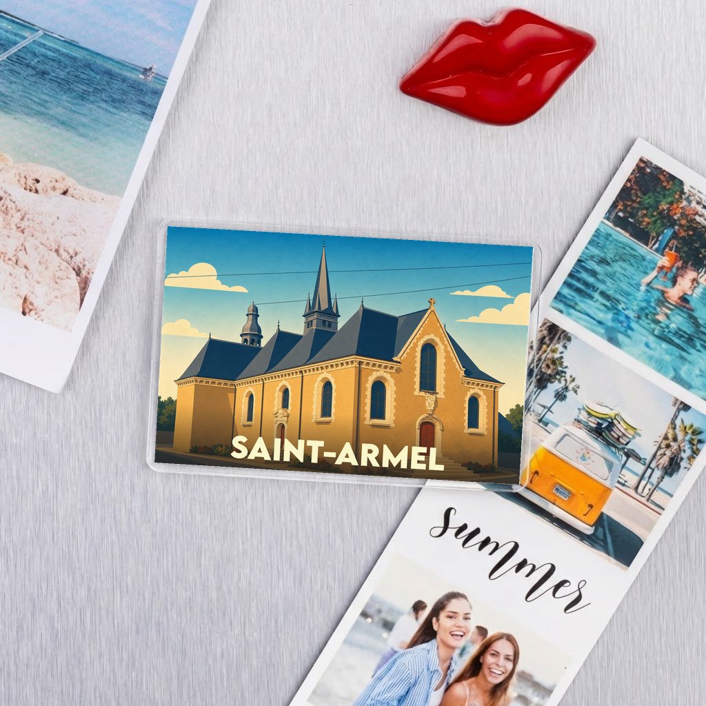 Magnet souvenir de la ville de Saint-Armel avec une illustration stylisée de son église.