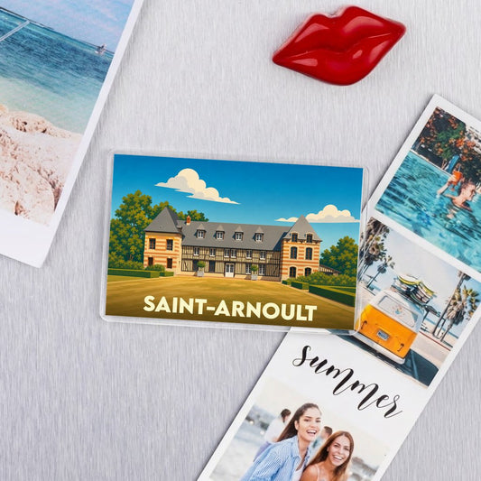 Magnet souvenir de la ville de Saint-Arnoult avec une illustration stylisée d'un manoir normand.