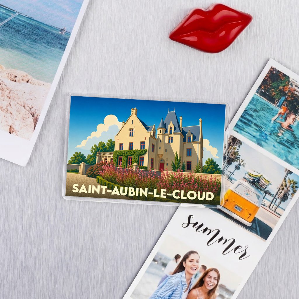 Magnet souvenir de la ville de Saint-Aubin-le-Cloud avec une illustration stylisée d'un château.