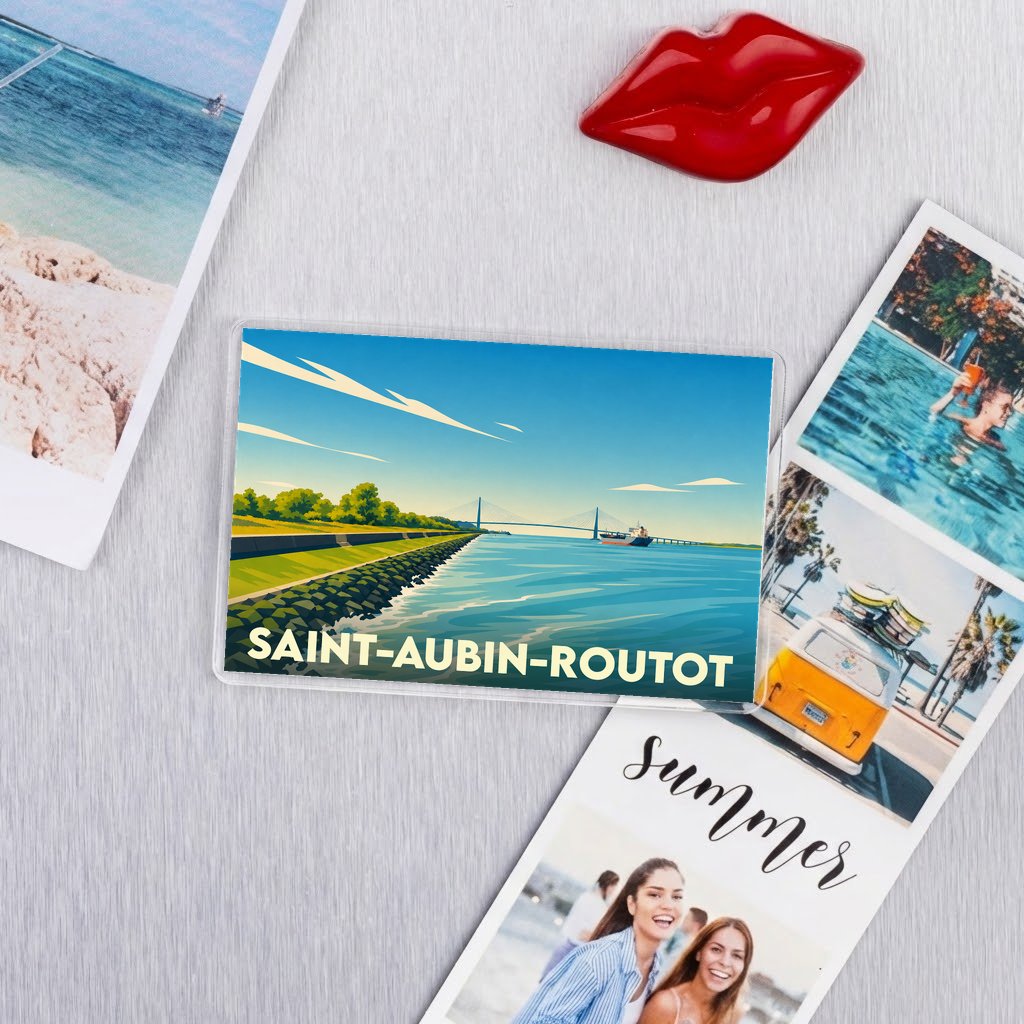 Magnet souvenir de la ville de Saint-Aubin-Routot illustré par un paysage maritime stylisé.