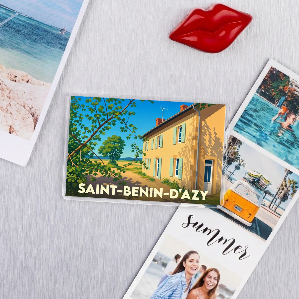 Magnet souvenir de la ville de Saint-Benin-d'Azy avec une illustration stylisée d'une maison de campagne.