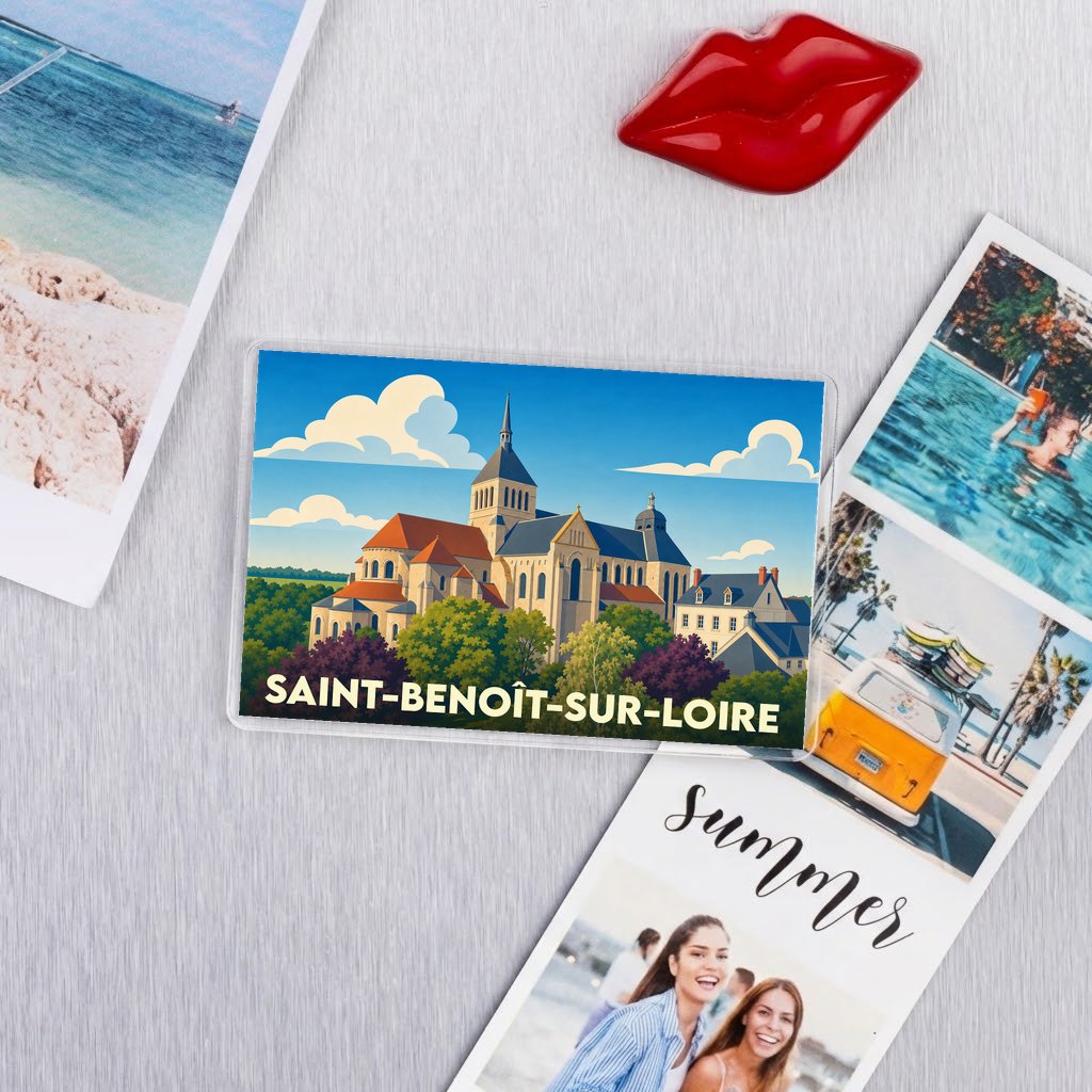 Magnet souvenir de Saint-Benoît-sur-Loire représentant son abbaye avec une illustration stylisée.