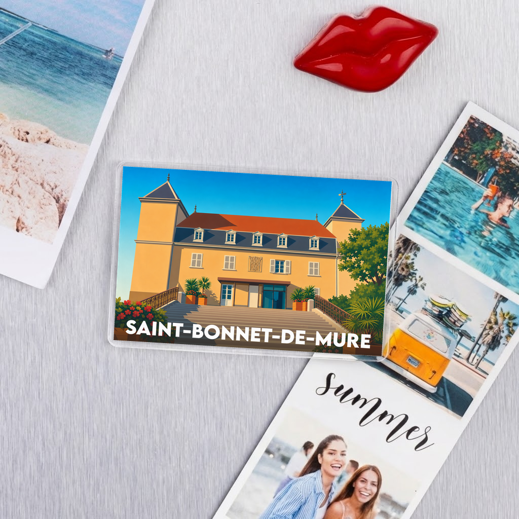 Magnet souvenir de la ville de Saint-Bonnet-de-Mure avec une illustration stylisée de son château.