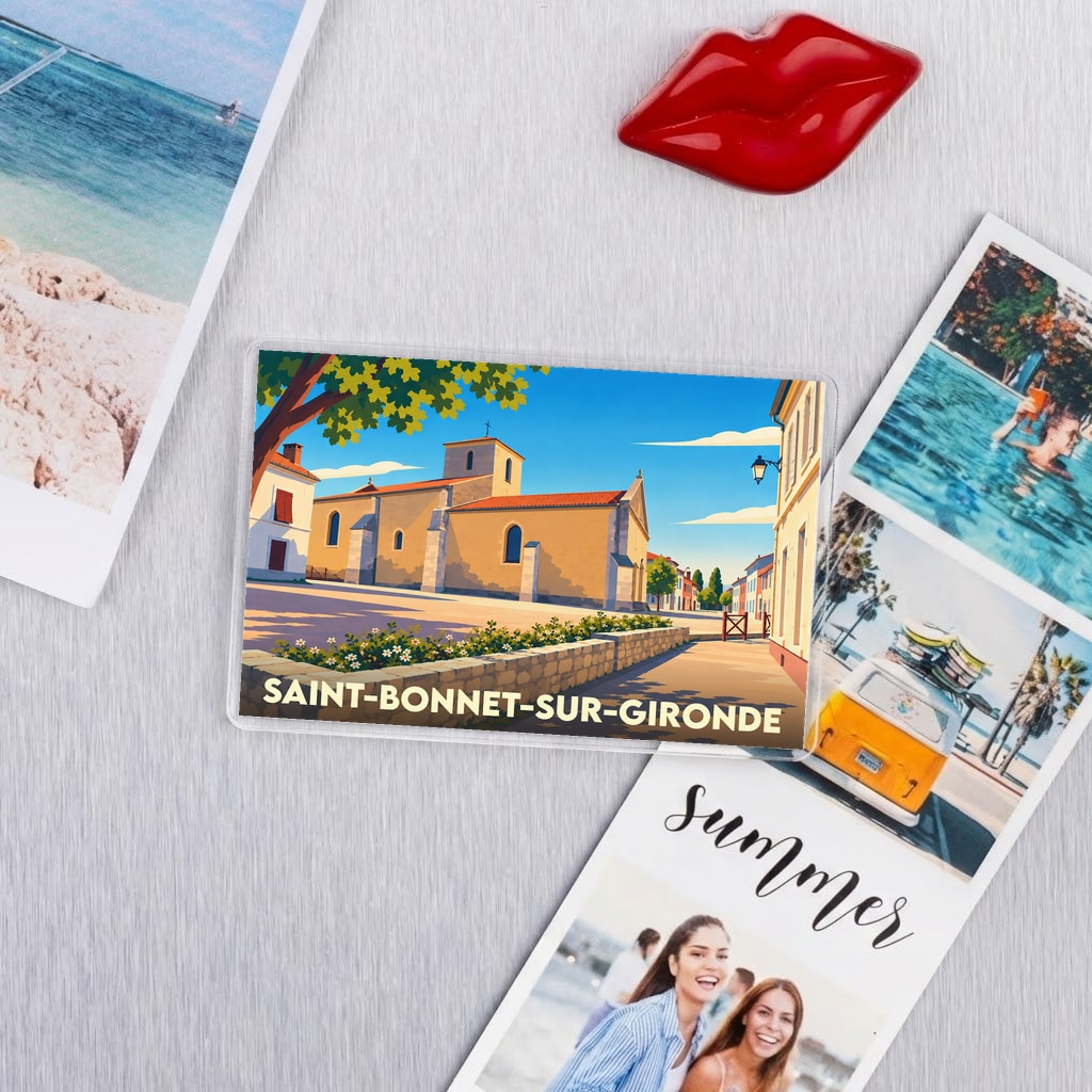 Magnet rectangulaire souvenir de Saint-Bonnet-sur-Gironde avec une illustration stylisée de son église sous un ciel bleu.