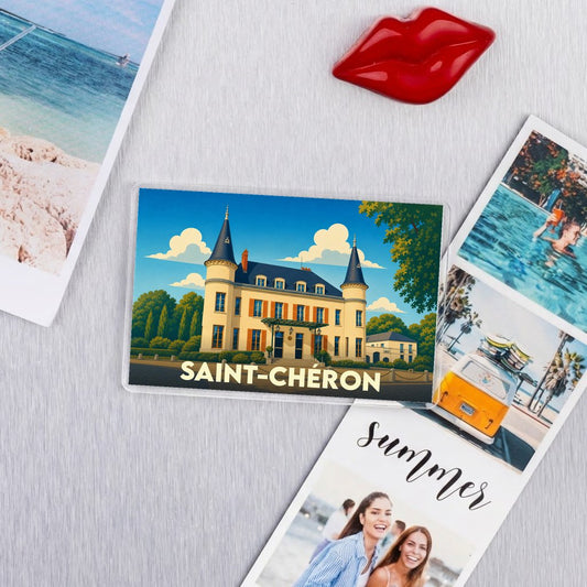Magnet souvenir de la ville de Saint-Chéron avec une illustration stylisée de son château.