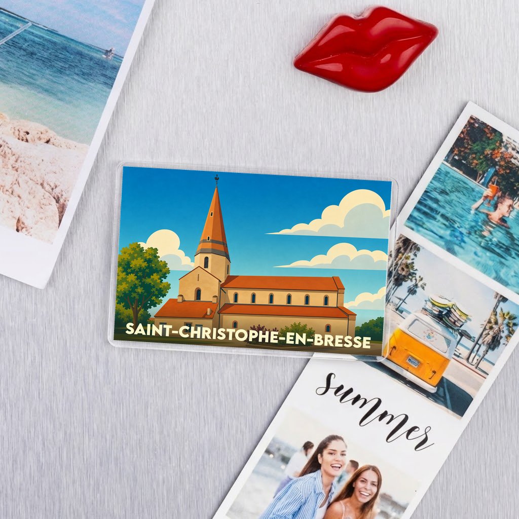 Magnet souvenir de la ville de Saint-Christophe-en-Bresse avec une illustration stylisée de son église.