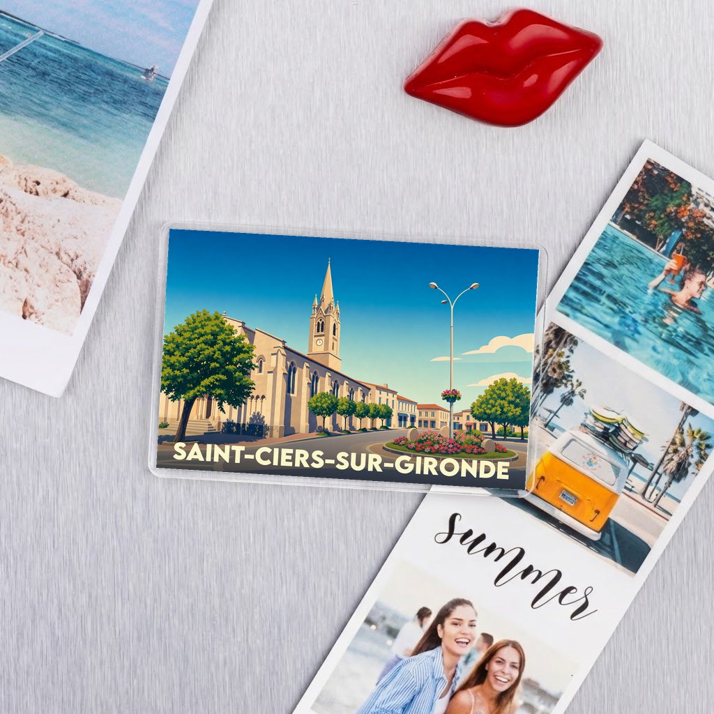 Magnet souvenir de la ville de Saint-Ciers-sur-Gironde avec une illustration stylisée de son église.