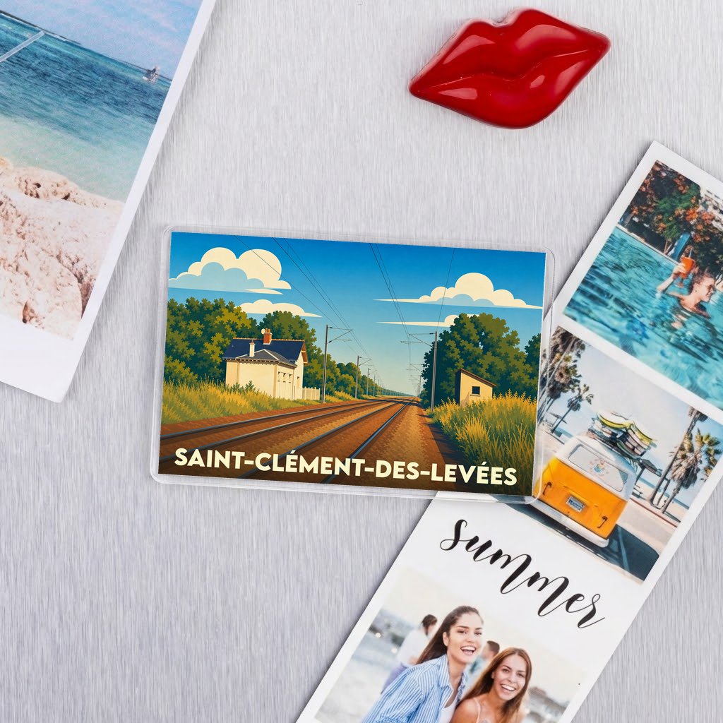 Magnet souvenir de la ville de Saint-Clément-des-Levées avec une illustration stylisée d'un paysage ferroviaire.