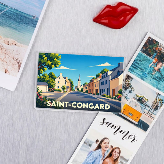 Magnet souvenir de la ville de Saint-Congard avec une illustration stylisée.