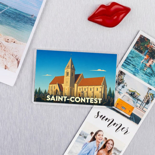 Magnet souvenir de la ville de Saint-Contest avec une illustration stylisée de son église.