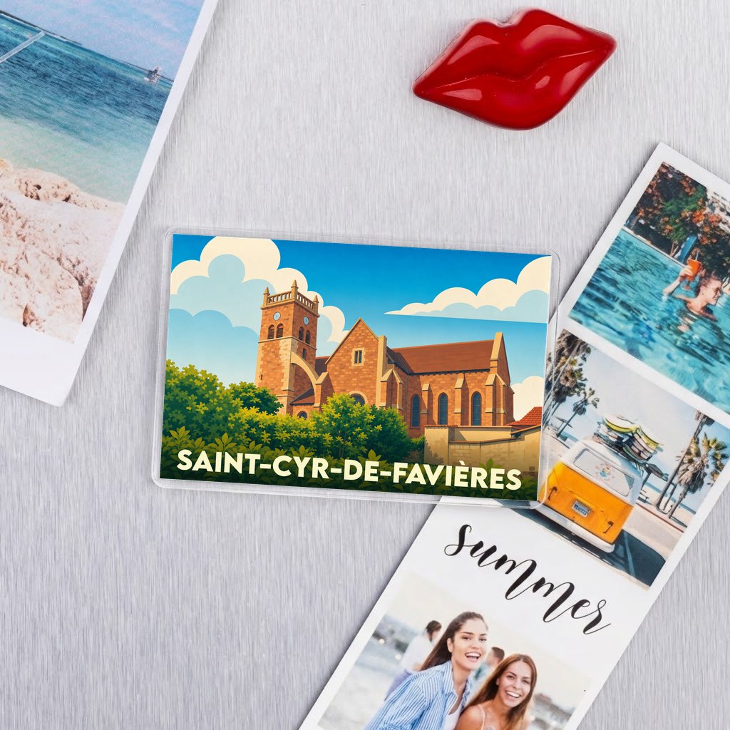 Magnet souvenir de la commune de Saint-Cyr-de-Favières avec une illustration stylisée de son église.
