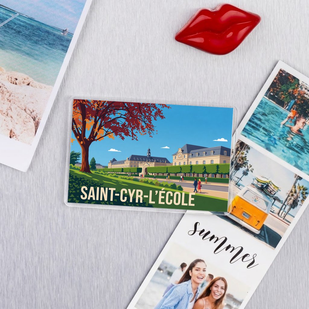 Magnet souvenir de la ville de Saint-Cyr-l'École avec une illustration stylisée.