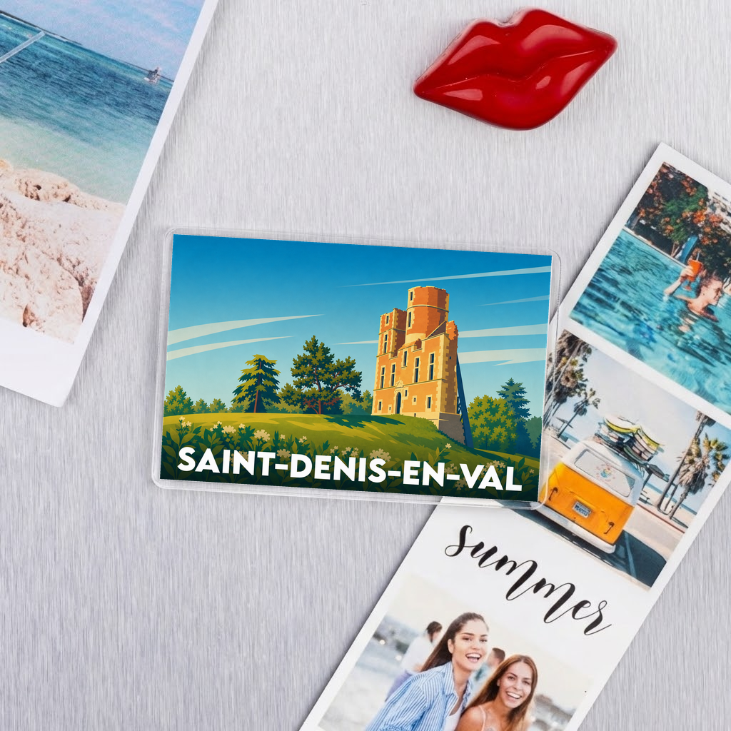 Magnet souvenir de la ville de Saint-Denis-en-Val avec une illustration stylisée d'un château.