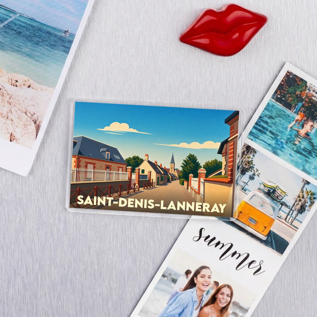 Magnet souvenir de la ville de Saint-Denis-Lanneray avec une illustration stylisée d'une rue pittoresque.