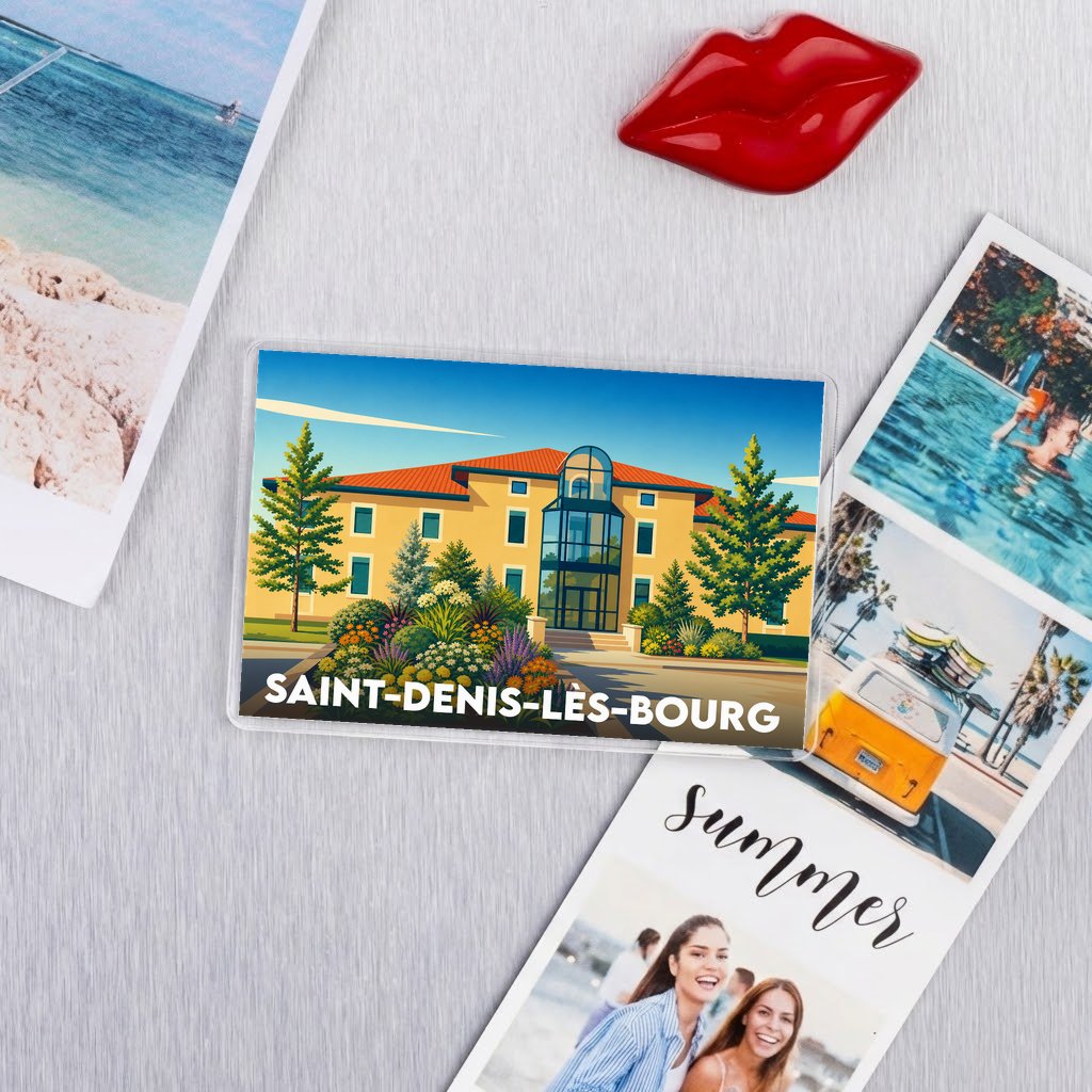 Magnet rectangulaire de la ville de Saint-Denis-lès-Bourg avec une illustration stylisée d'un bâtiment moderne.