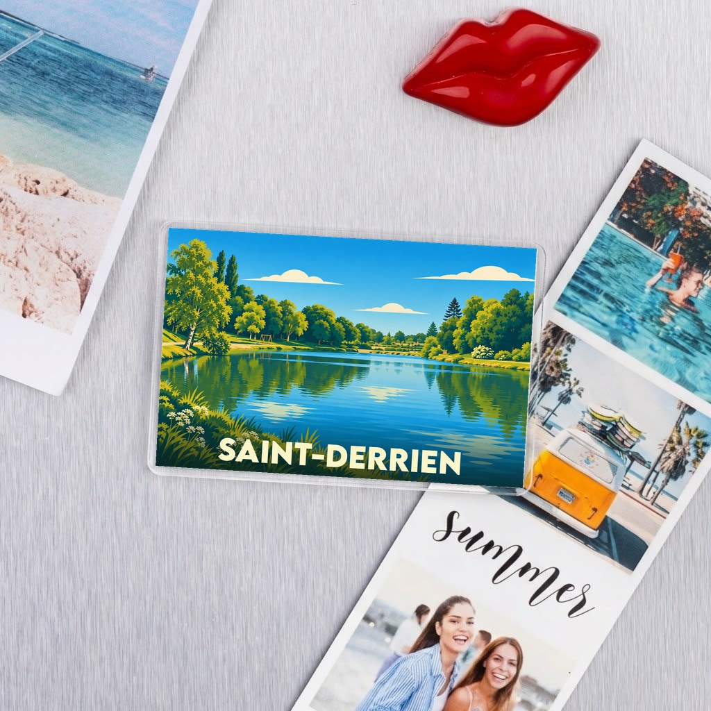 Magnet souvenir de la ville de Saint-Derrien avec une illustration stylisée d'un lac bordé de verdure.