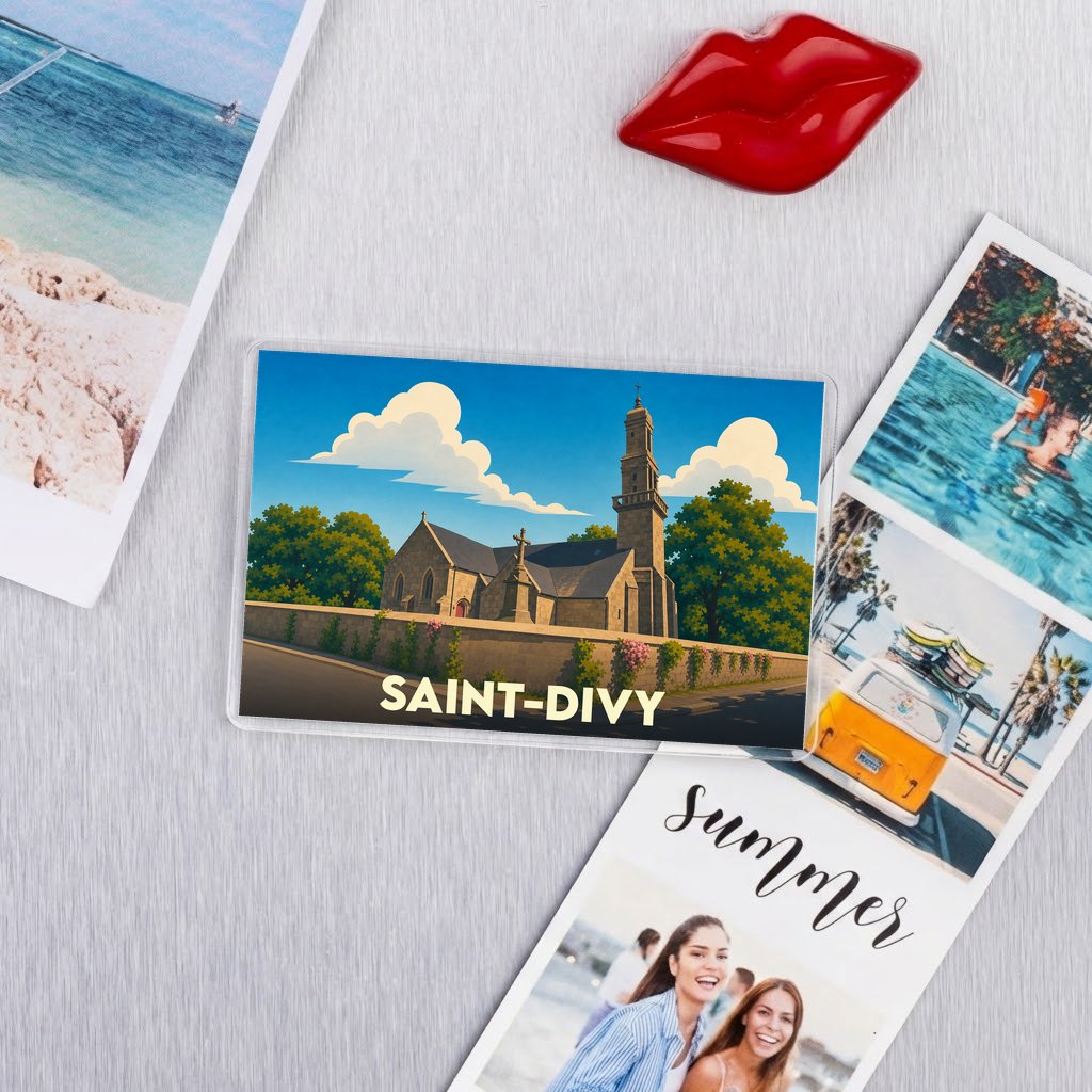 Magnet souvenir de la ville de Saint-Divy avec une illustration stylisée de son église.