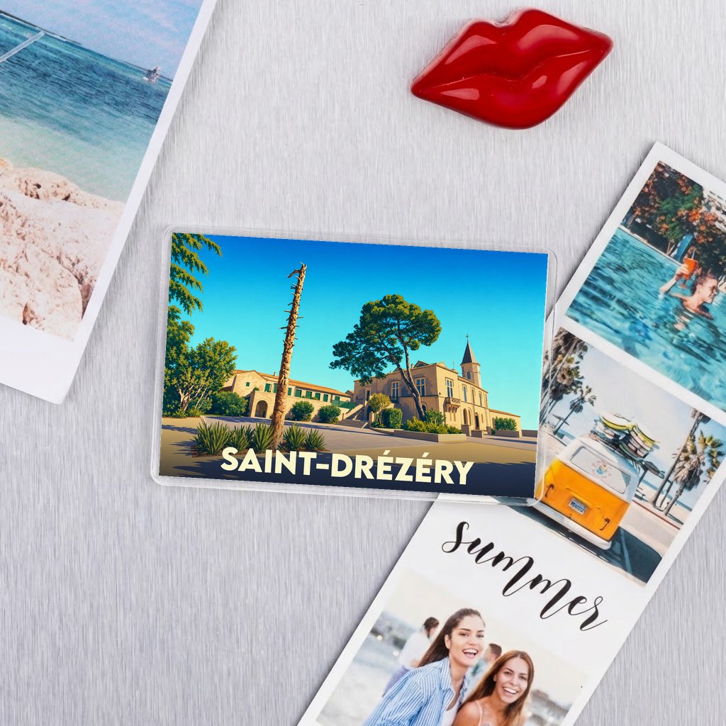 Magnet souvenir de la ville de Saint-Drézéry avec une illustration colorée et stylisée.
