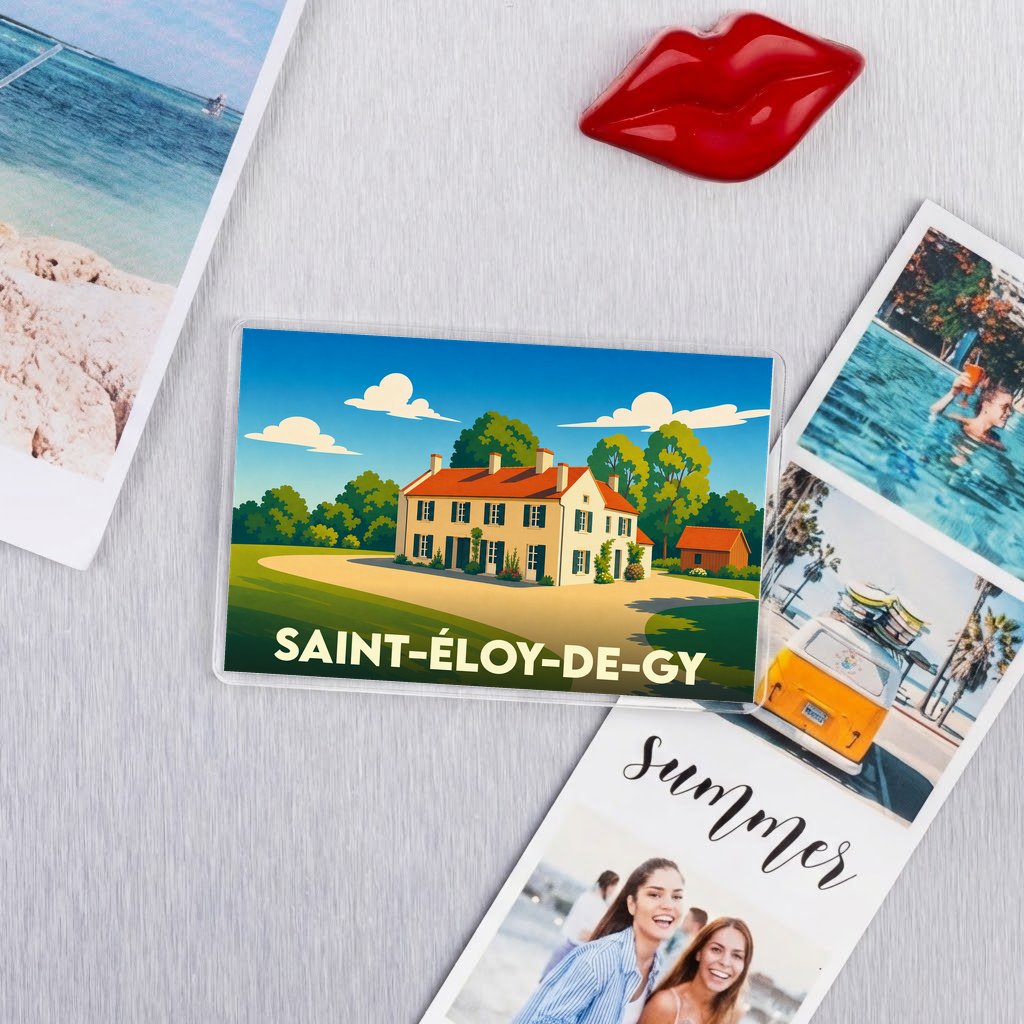 Magnet souvenir de la commune de Saint-Éloy-de-Gy avec une illustration stylisée d'une maison de campagne.