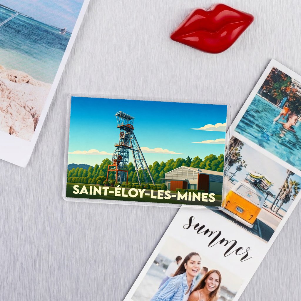 Magnet souvenir de la ville de Saint-Éloy-les-Mines avec une illustration stylisée de son chevalement de mine.