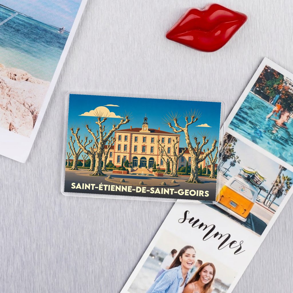 Magnet souvenir de la ville de Saint-Étienne-de-Saint-Geoirs avec une illustration stylisée de son architecture.