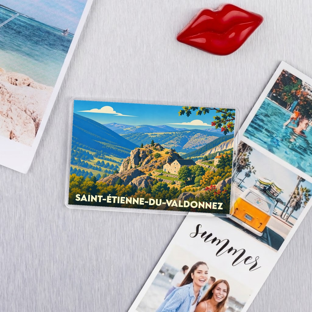 Magnet souvenir de la ville de Saint-Étienne-du-Valdonnez avec une illustration de paysage de montagne.