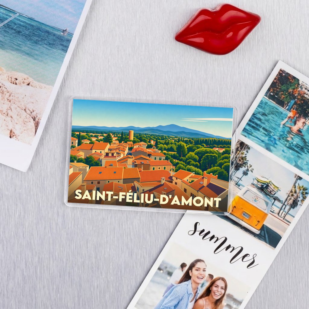 Magnet souvenir de la ville de Saint-Féliu-d'Amont avec une illustration stylisée et colorée.