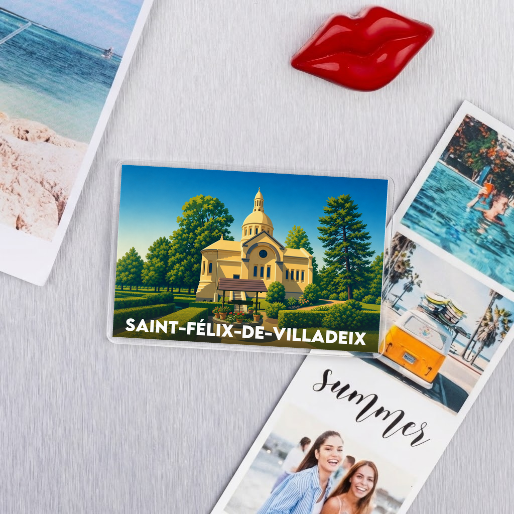 Magnet souvenir de la ville de Saint-Félix-de-Villadeix avec une illustration stylisée d'un monument local.