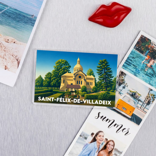Magnet souvenir de la ville de Saint-Félix-de-Villadeix avec une illustration stylisée d'un monument local.