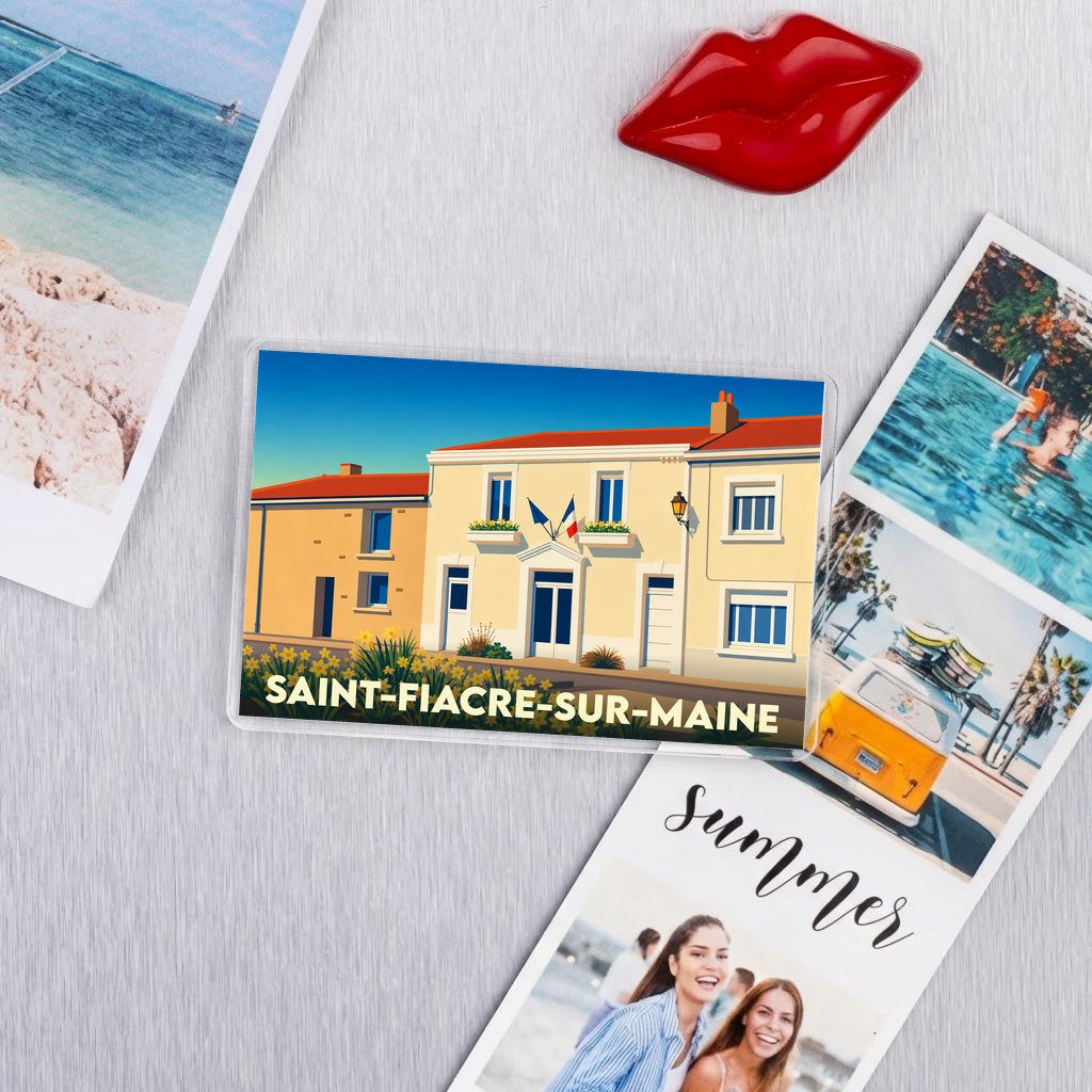 Magnet souvenir de la ville de Saint-Fiacre-sur-Maine avec une illustration stylisée de sa mairie.
