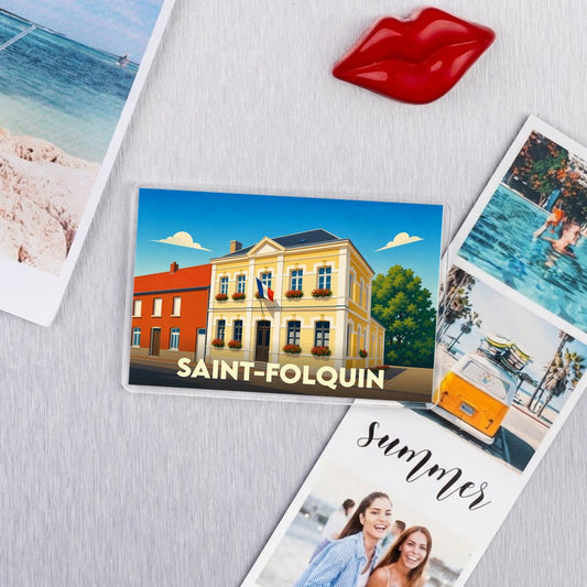 Magnet souvenir de la ville de Saint-Folquin avec une illustration stylisée.