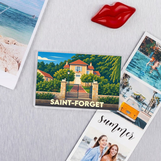 Magnet souvenir de la commune de Saint-Forget avec une illustration colorée de sa mairie.