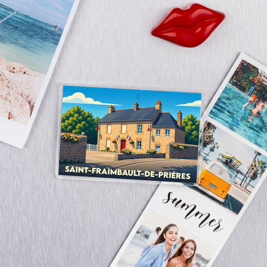 Magnet souvenir de la ville de Saint-Fraimbault-de-Prières avec une illustration stylisée de sa mairie.