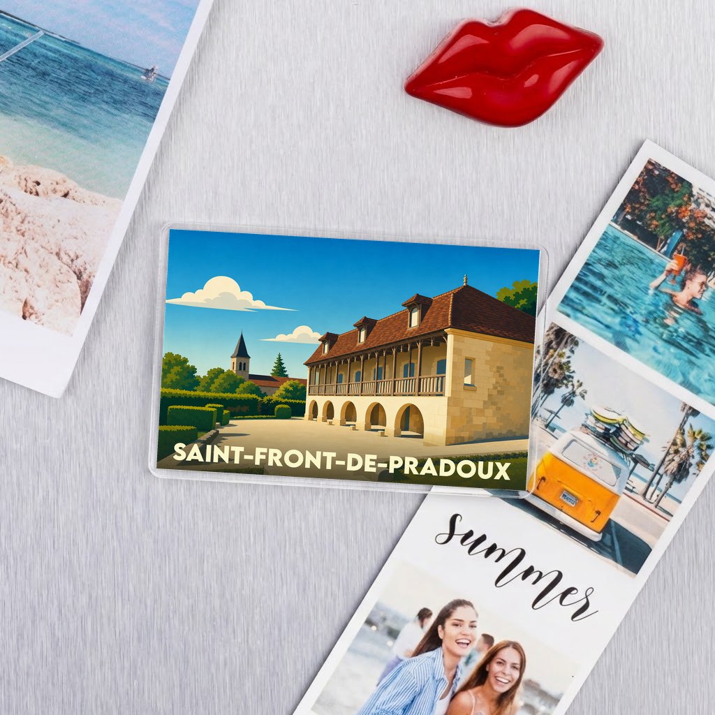 Magnet souvenir de la ville de Saint-Front-de-Pradoux avec une illustration stylisée d'un bâtiment historique.