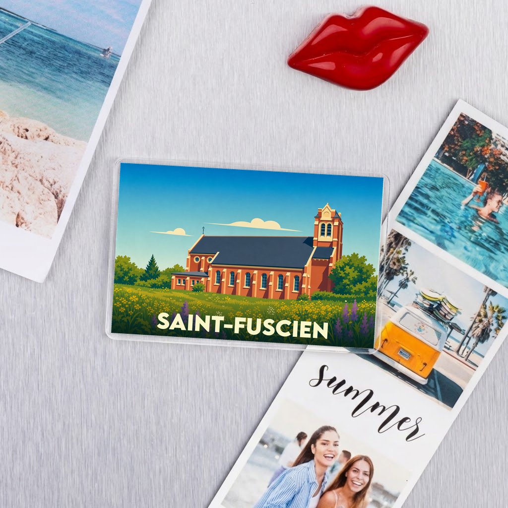 Magnet souvenir de la ville de Saint-Fuscien avec une illustration stylisée de son église.