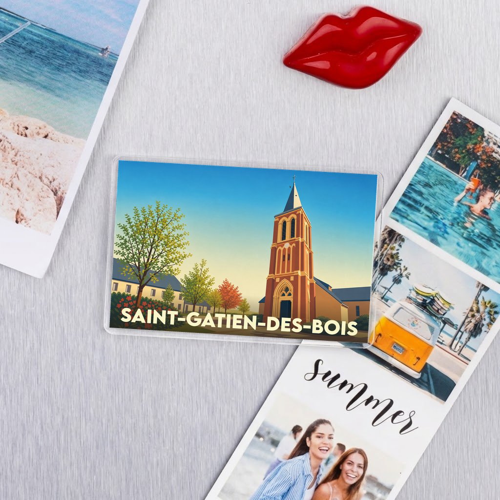 Magnet souvenir de la ville de Saint-Gatien-des-Bois avec une illustration stylisée de son église.