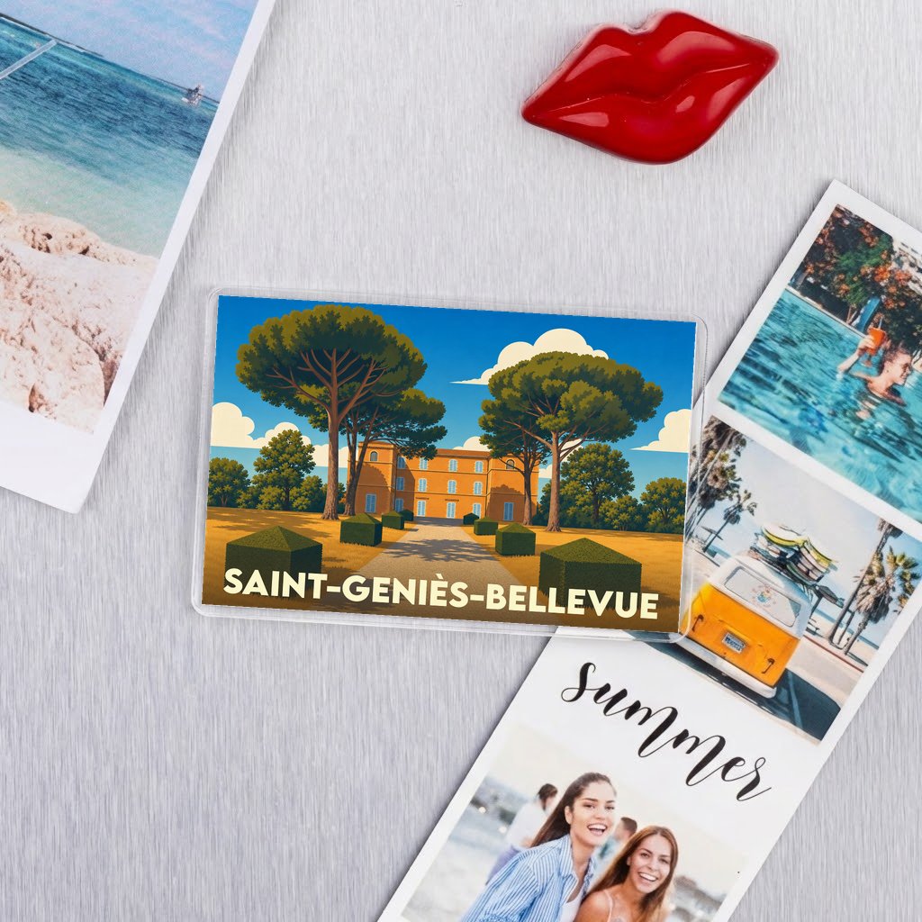 Magnet souvenir de la ville de Saint-Geniès-Bellevue avec une illustration stylisée d'un domaine provençal.