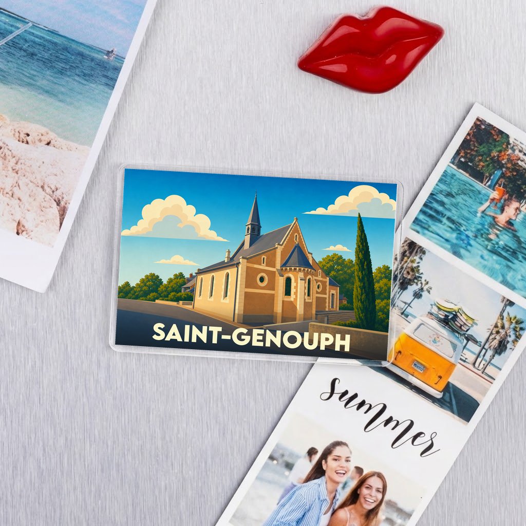Magnet souvenir de la ville de Saint-Genouph avec une illustration stylisée de son église.