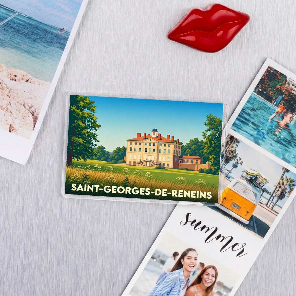 Magnet souvenir de la ville de Saint-Georges-de-Reneins avec une illustration stylisée de son château.
