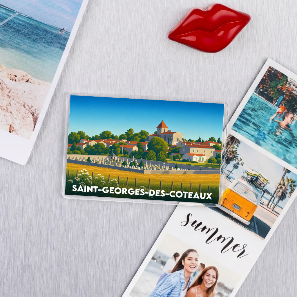 Magnet souvenir de la ville de Saint-Georges-des-Coteaux avec une illustration stylisée.
