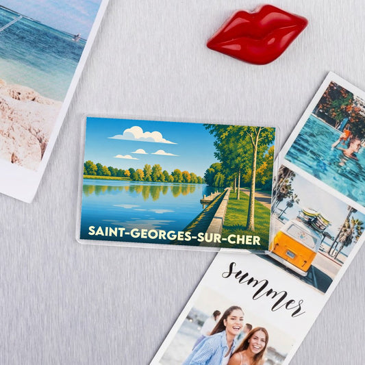 Magnet souvenir de Saint-Georges-sur-Cher illustrant les bords du Cher dans un style graphique épuré.