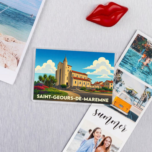 Magnet souvenir de la ville de Saint-Geours-de-Maremne avec une illustration stylisée de son église.