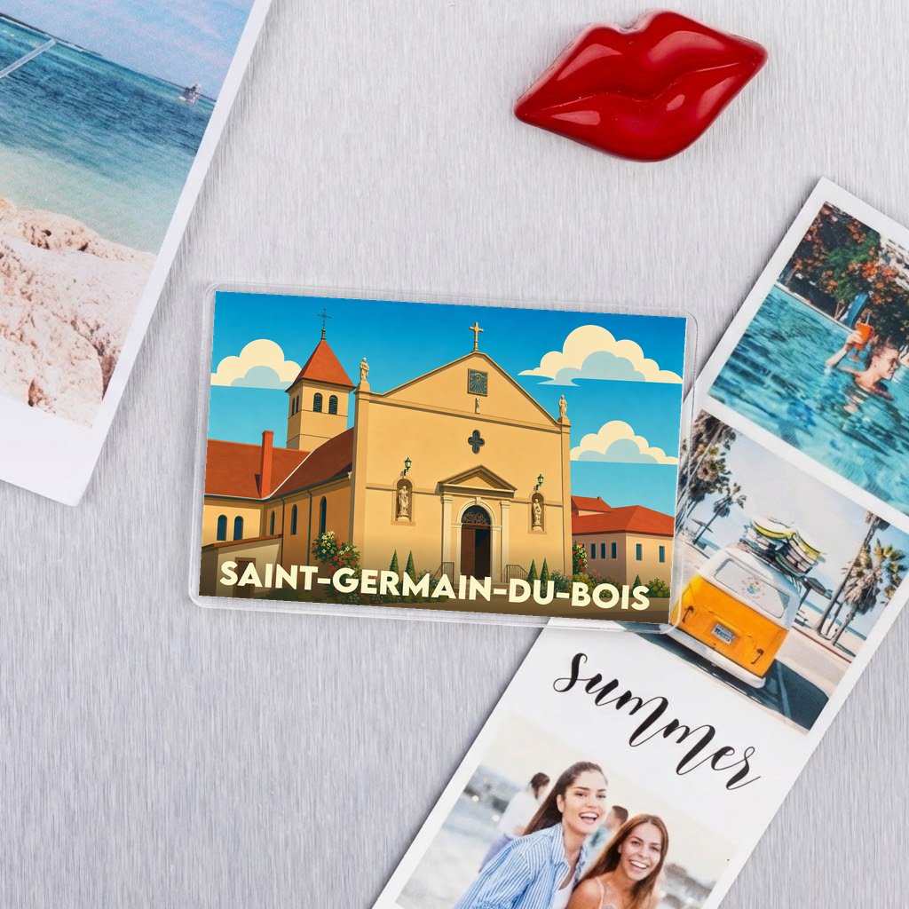 Magnet souvenir de la ville de Saint-Germain-du-Bois avec une illustration stylisée de son église.