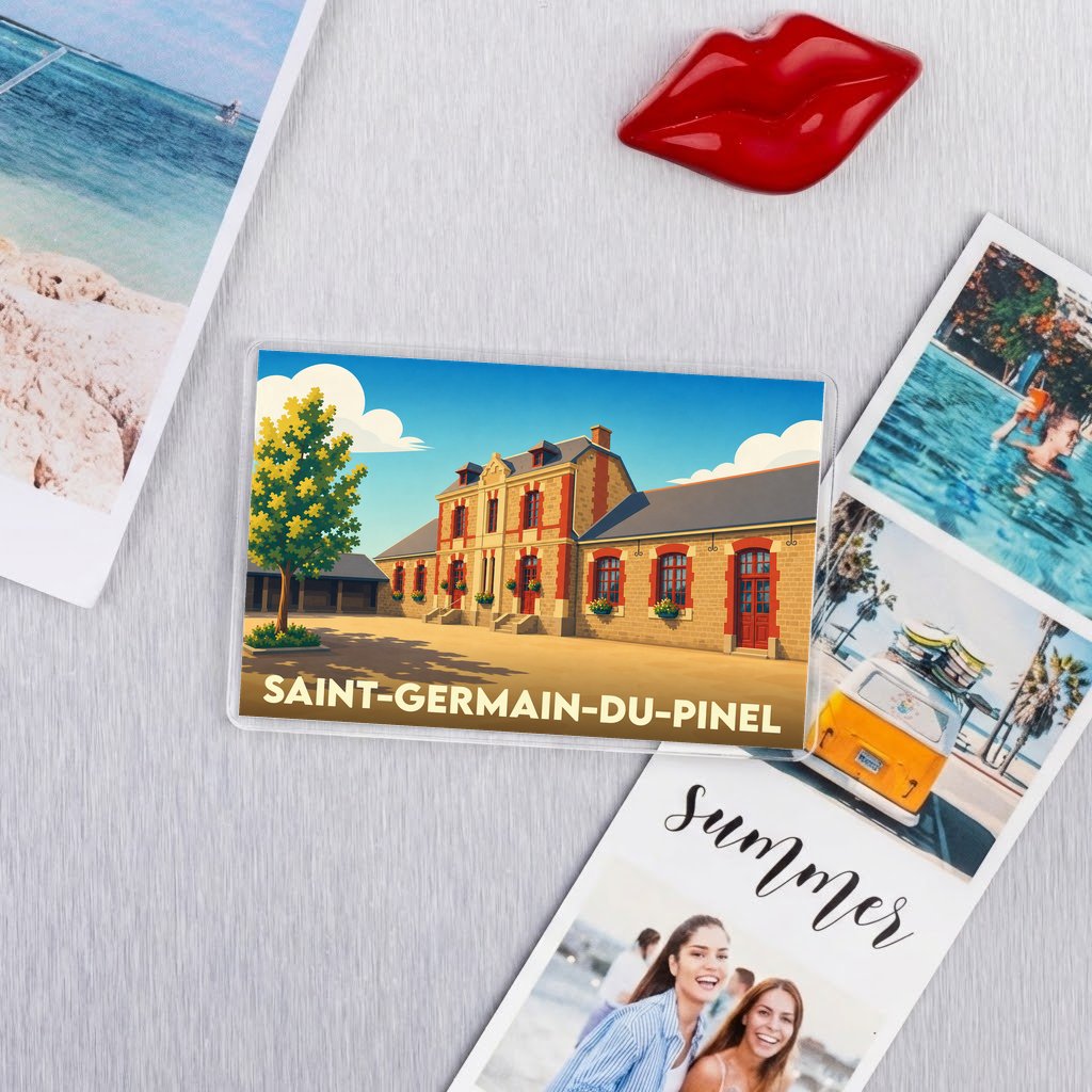 Magnet souvenir de la ville de Saint-Germain-du-Pinel avec une illustration stylisée d'un bâtiment traditionnel.