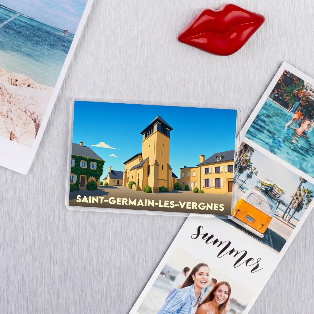 Magnet souvenir de la ville de Saint-Germain-les-Vergnes avec une illustration stylisée de son église.