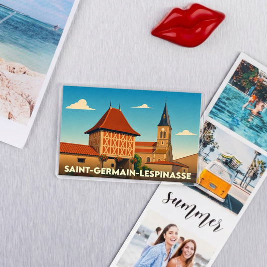Magnet souvenir de la ville de Saint-Germain-Lespinasse avec une illustration stylisée de son patrimoine.