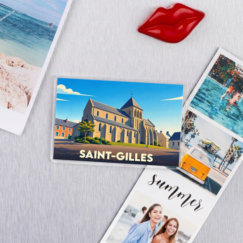 Magnet souvenir de la ville de Saint-Gilles avec une illustration stylisée de son église.
