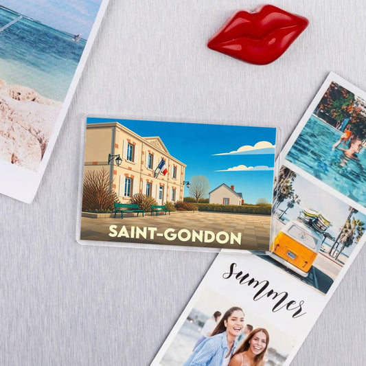 Magnet souvenir de la ville de Saint-Gondon avec une illustration stylisée de sa mairie.